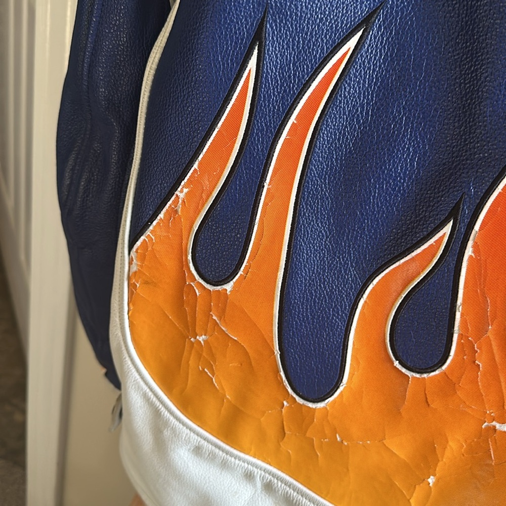 RARE ICON Flame Blue White Leather Patch Motorcycle Jacket with full padding - Picture 11 of 11
